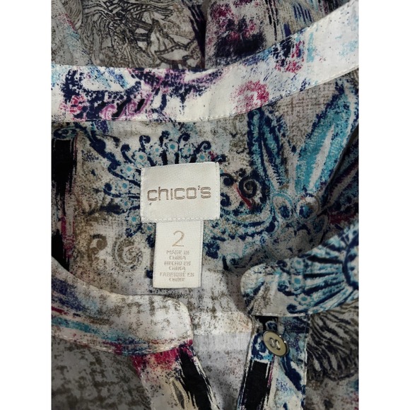 Chicos Top Size L (2) Colorful Button Cotton Office Light Weight Sheer LS Shirt - Picture 6 of 6